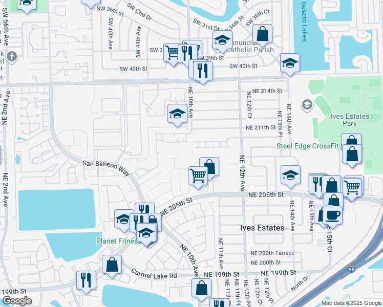map of restaurants, bars, coffee shops, grocery stores, and more near 908 Northeast 209th Street in Miami