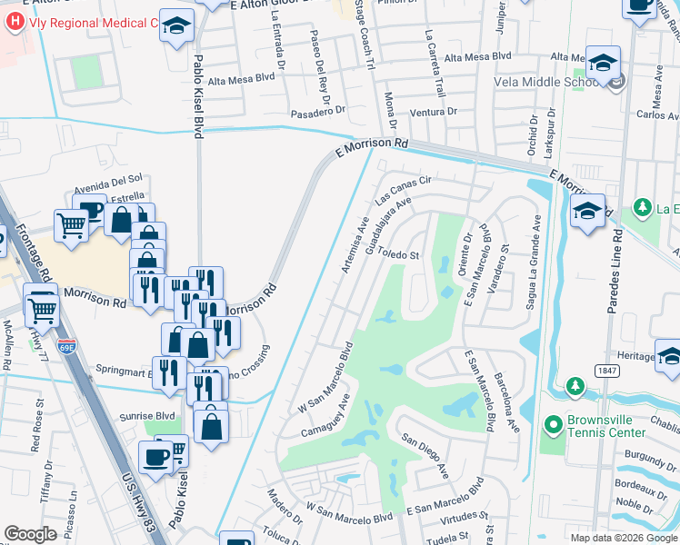 map of restaurants, bars, coffee shops, grocery stores, and more near 5 Oaxaca Court in Brownsville
