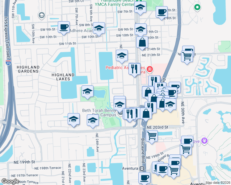 map of restaurants, bars, coffee shops, grocery stores, and more near 2525 Northeast 207th Terrace in Aventura