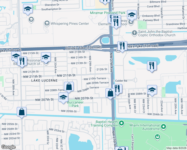map of restaurants, bars, coffee shops, grocery stores, and more near 2910 Northwest 211th Street in Miami Gardens