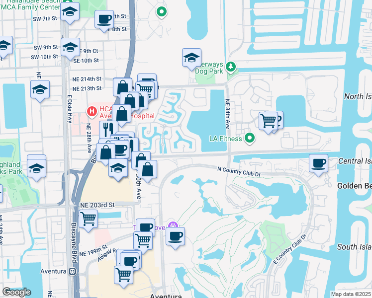 map of restaurants, bars, coffee shops, grocery stores, and more near 20729 Northeast 32nd Avenue in Aventura