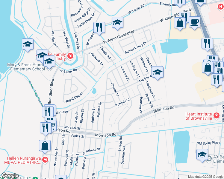 map of restaurants, bars, coffee shops, grocery stores, and more near 3034 Oslo Street in Brownsville
