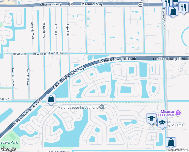 map of restaurants, bars, coffee shops, grocery stores, and more near 13117 Southwest 44th Street in Miramar
