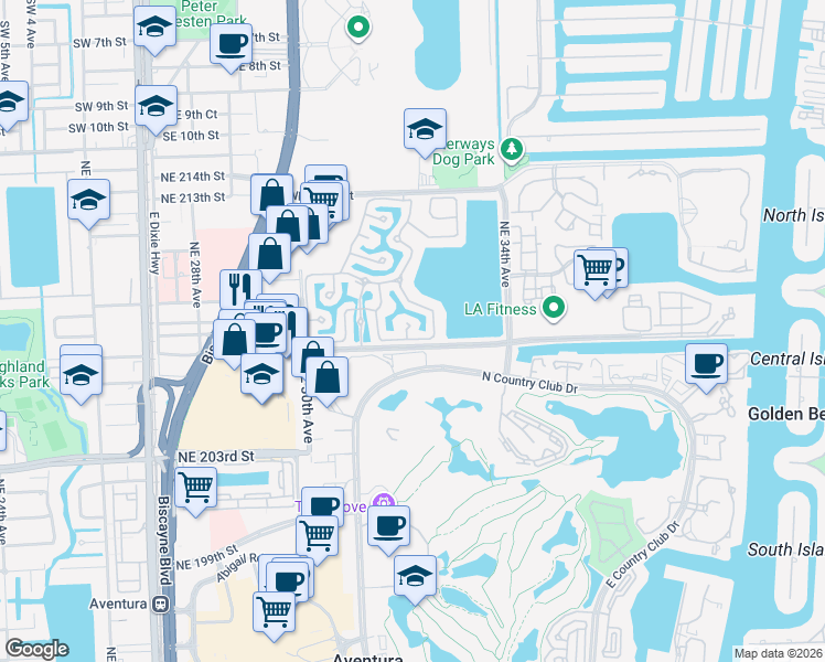 map of restaurants, bars, coffee shops, grocery stores, and more near 20729 Northeast 32nd Avenue in Aventura