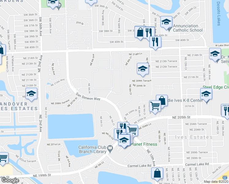 map of restaurants, bars, coffee shops, grocery stores, and more near 20601 San Simeon Way in Miami