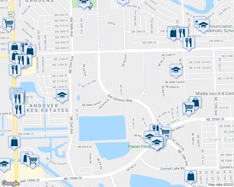 map of restaurants, bars, coffee shops, grocery stores, and more near 20801 Northeast 4th Court in Miami