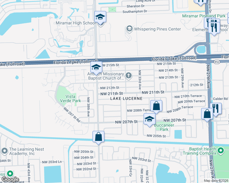 map of restaurants, bars, coffee shops, grocery stores, and more near 3501 Northwest 211th Street in Miami Gardens