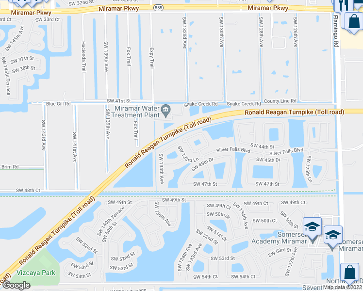 map of restaurants, bars, coffee shops, grocery stores, and more near 4261 Southwest 133rd Lane in Miramar