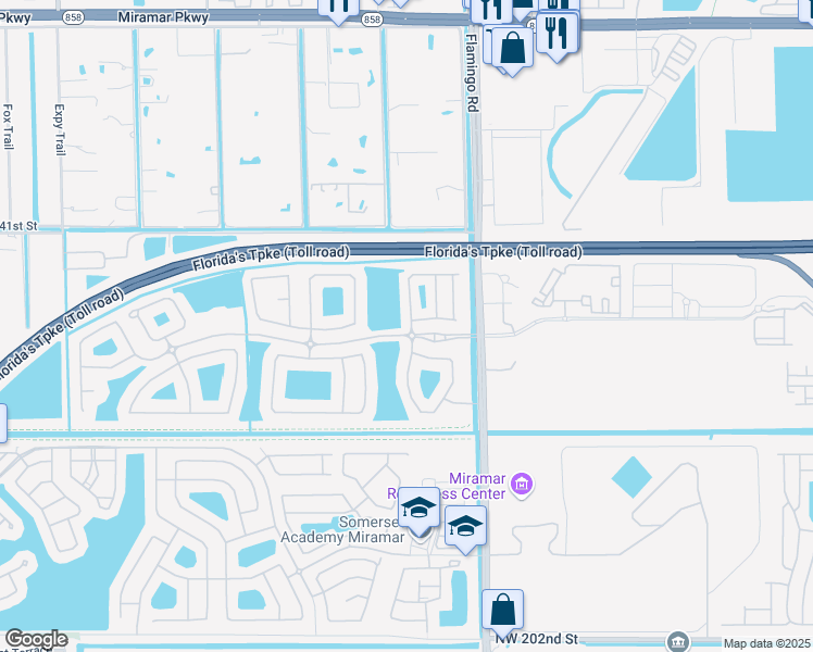 map of restaurants, bars, coffee shops, grocery stores, and more near 4420 Southwest 125th Lane in Miramar