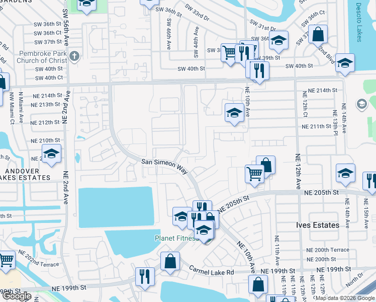 map of restaurants, bars, coffee shops, grocery stores, and more near 20601 San Simeon Way in Miami