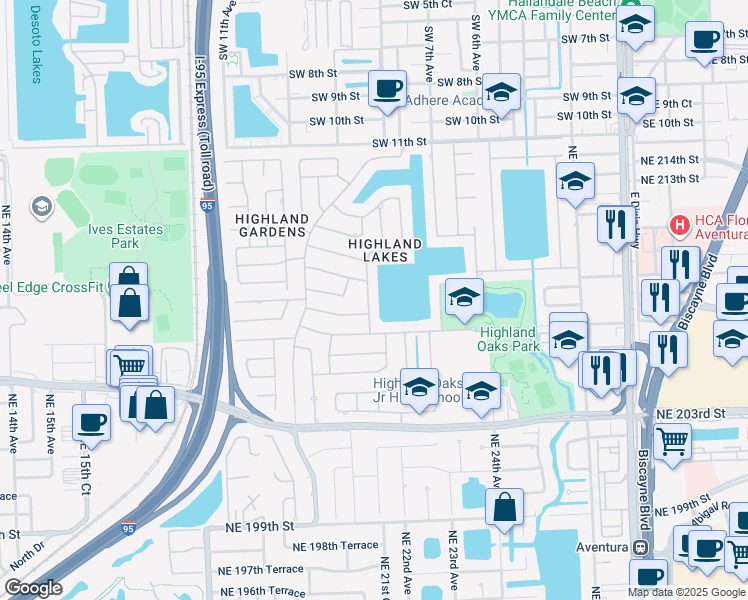 map of restaurants, bars, coffee shops, grocery stores, and more near 20841 Northeast 21st Court in Miami