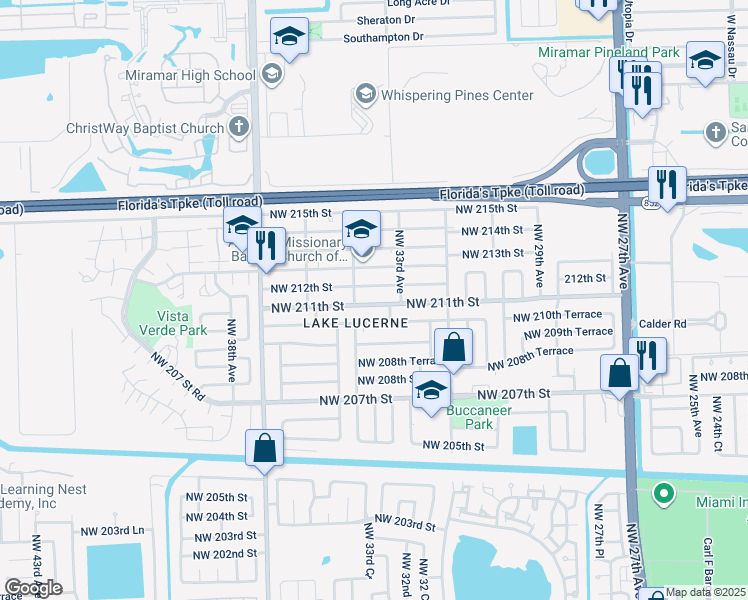 map of restaurants, bars, coffee shops, grocery stores, and more near 3351 Northwest 211th Street in Miami Gardens