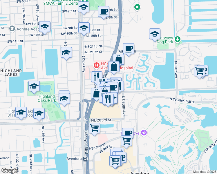 map of restaurants, bars, coffee shops, grocery stores, and more near 20801 Biscayne Boulevard in Miami