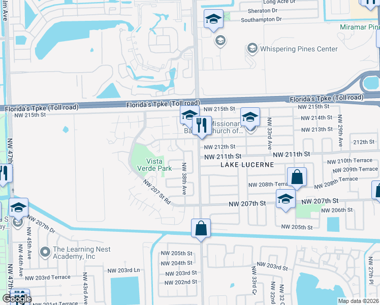 map of restaurants, bars, coffee shops, grocery stores, and more near 21065 Northwest 38th Avenue in Miami Gardens