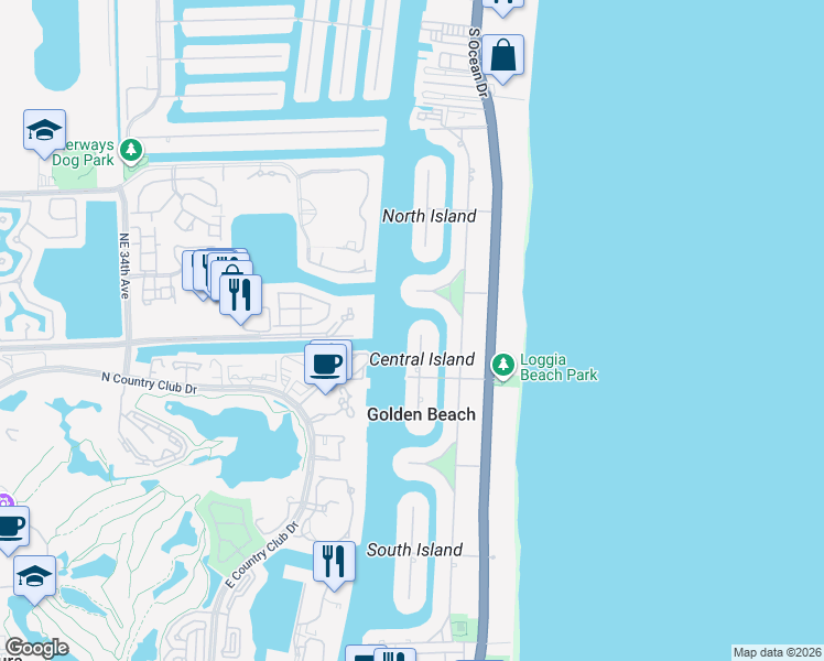 map of restaurants, bars, coffee shops, grocery stores, and more near 439 Centre Island in Golden Beach