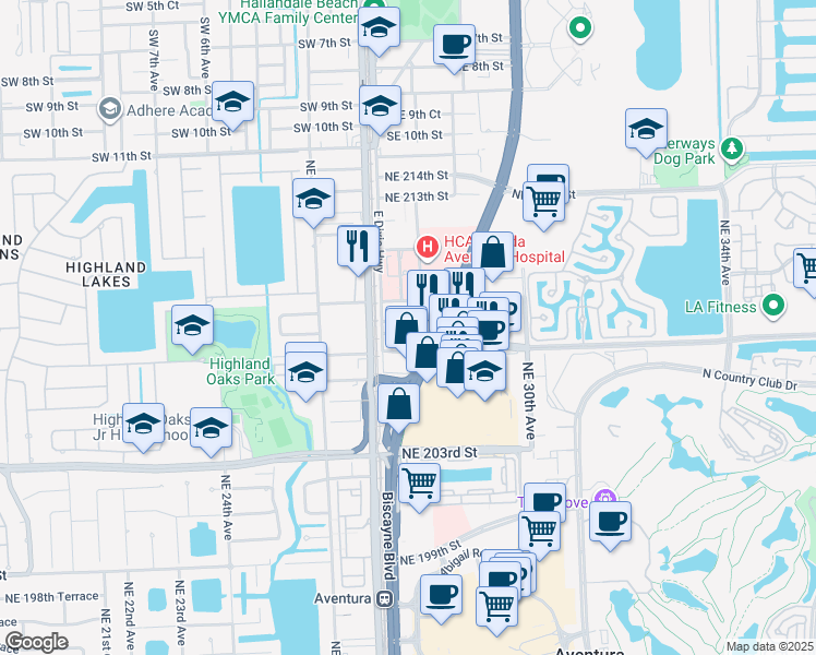 map of restaurants, bars, coffee shops, grocery stores, and more near 2750 Northeast 208th Terrace in Miami