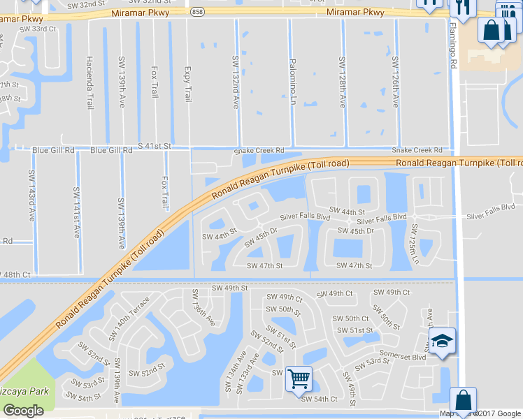map of restaurants, bars, coffee shops, grocery stores, and more near 13117 Southwest 44th Street in Miramar