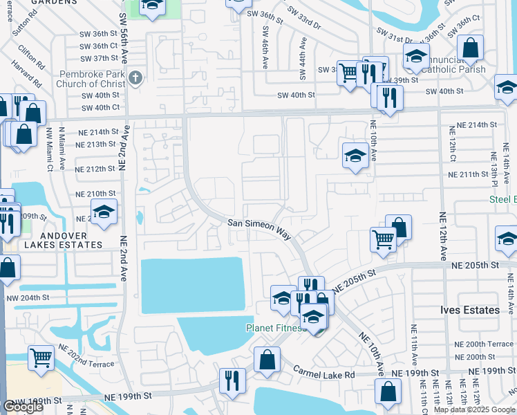 map of restaurants, bars, coffee shops, grocery stores, and more near 20921 San Simeon Way in Miami