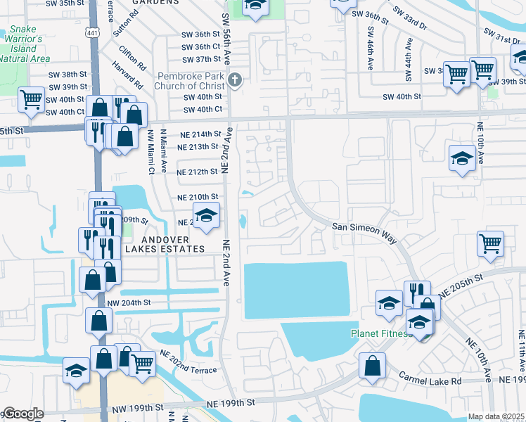 map of restaurants, bars, coffee shops, grocery stores, and more near 439 Northeast 210th Circle Terrace in Miami