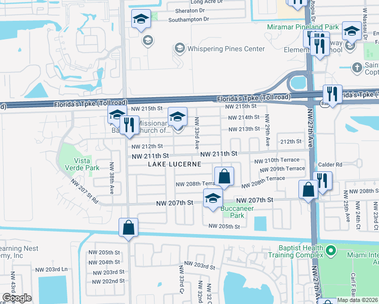 map of restaurants, bars, coffee shops, grocery stores, and more near 3351 Northwest 211th Street in Miami Gardens