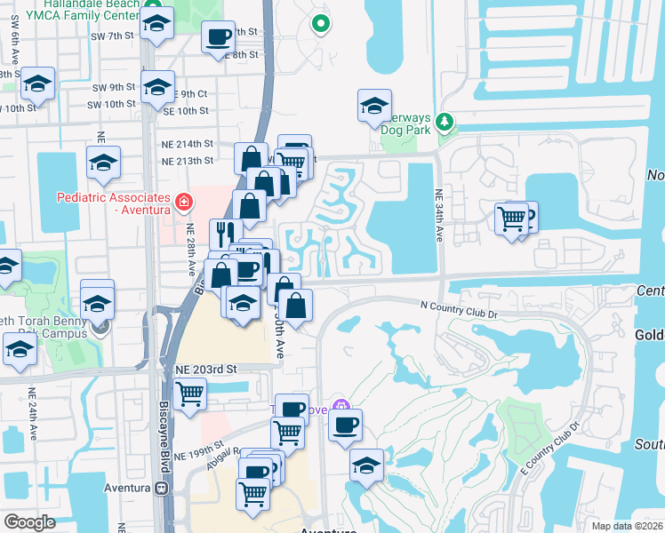 map of restaurants, bars, coffee shops, grocery stores, and more near 20750 Northeast 31st Place in Aventura