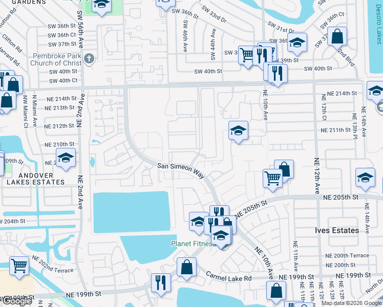map of restaurants, bars, coffee shops, grocery stores, and more near 20601 San Simeon Way in Miami