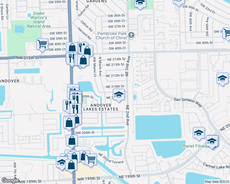 map of restaurants, bars, coffee shops, grocery stores, and more near 30 Northeast 209th Terrace in Miami