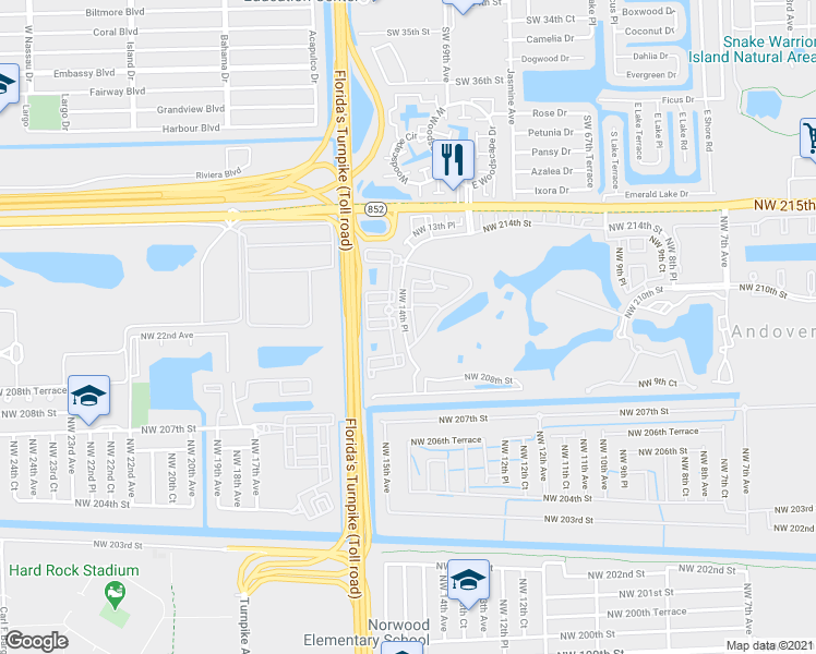 map of restaurants, bars, coffee shops, grocery stores, and more near 21209 Northwest 14th Place in Miami Gardens