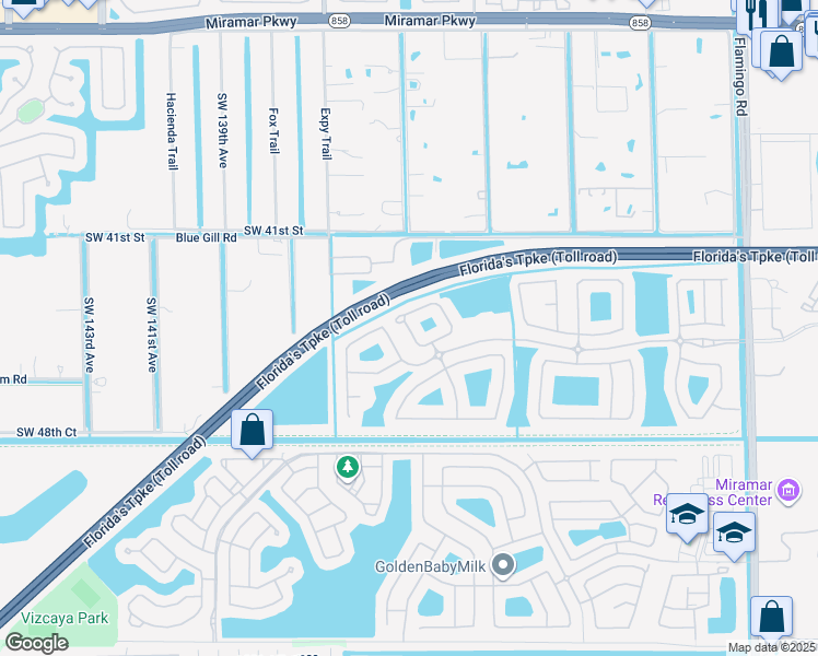 map of restaurants, bars, coffee shops, grocery stores, and more near 13109 Southwest 42nd Street in Miramar
