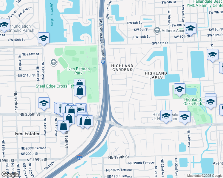 map of restaurants, bars, coffee shops, grocery stores, and more near 1865 Northeast 208th Terrace in North Miami Beach