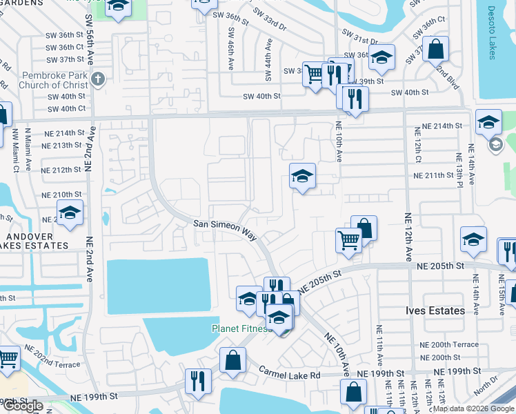map of restaurants, bars, coffee shops, grocery stores, and more near 20941 San Simeon Way in Miami