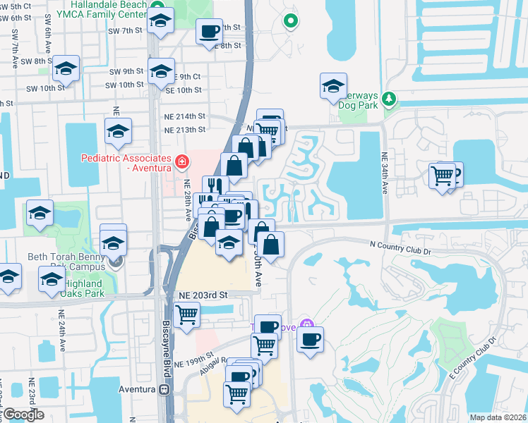 map of restaurants, bars, coffee shops, grocery stores, and more near 20740 Northeast 30th Place in Miami