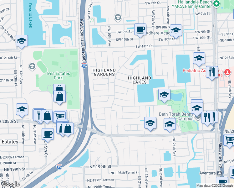 map of restaurants, bars, coffee shops, grocery stores, and more near 2011 Northeast 208th Street in North Miami Beach