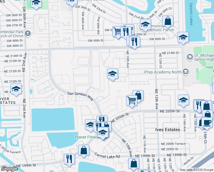 map of restaurants, bars, coffee shops, grocery stores, and more near 20815 Northeast 8th Court in Miami