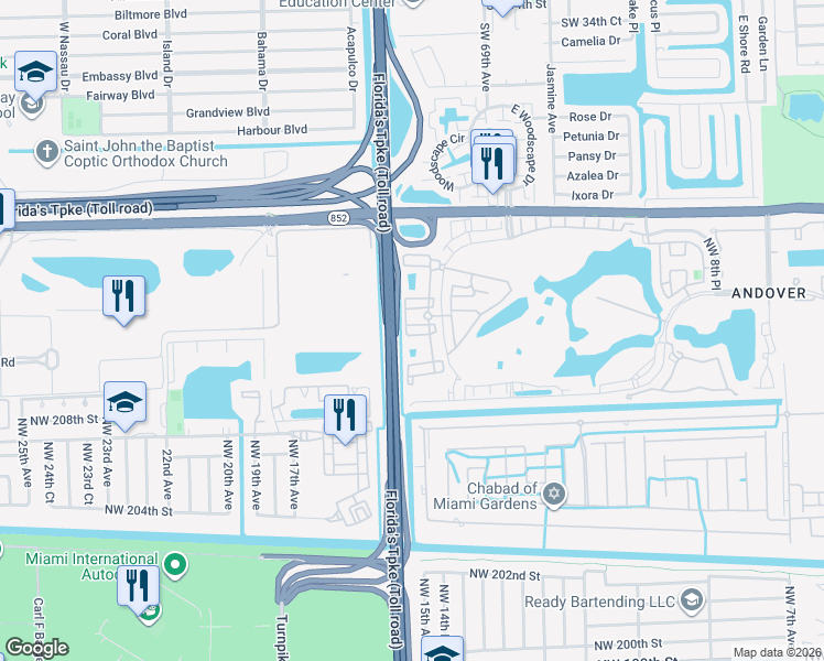 map of restaurants, bars, coffee shops, grocery stores, and more near 21050 Northwest 14th Place in Miami Gardens