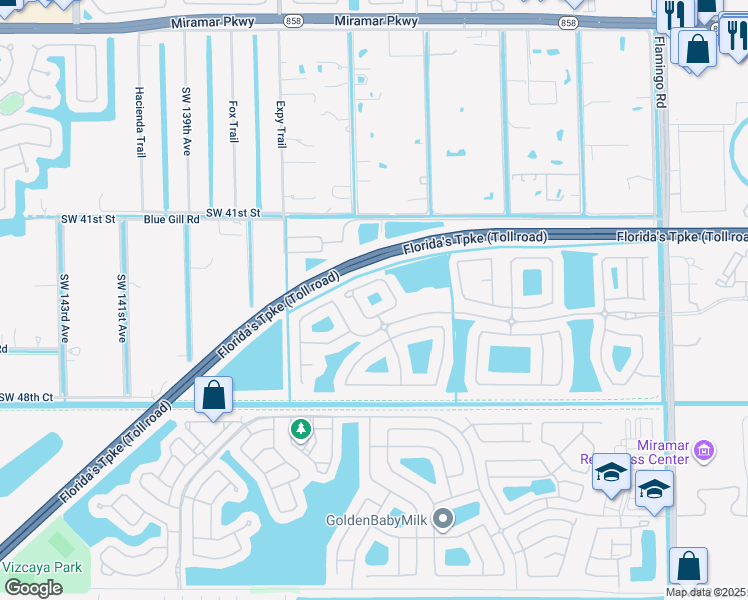 map of restaurants, bars, coffee shops, grocery stores, and more near 13109 Southwest 42nd Street in Miramar