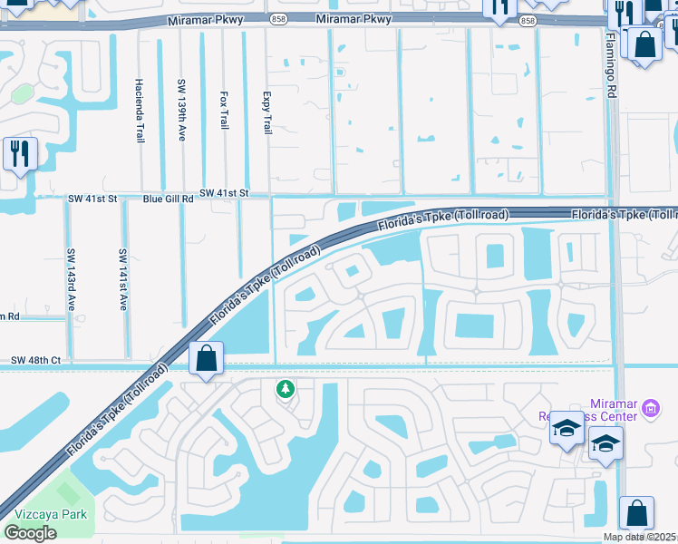 map of restaurants, bars, coffee shops, grocery stores, and more near 13109 Southwest 42nd Street in Miramar