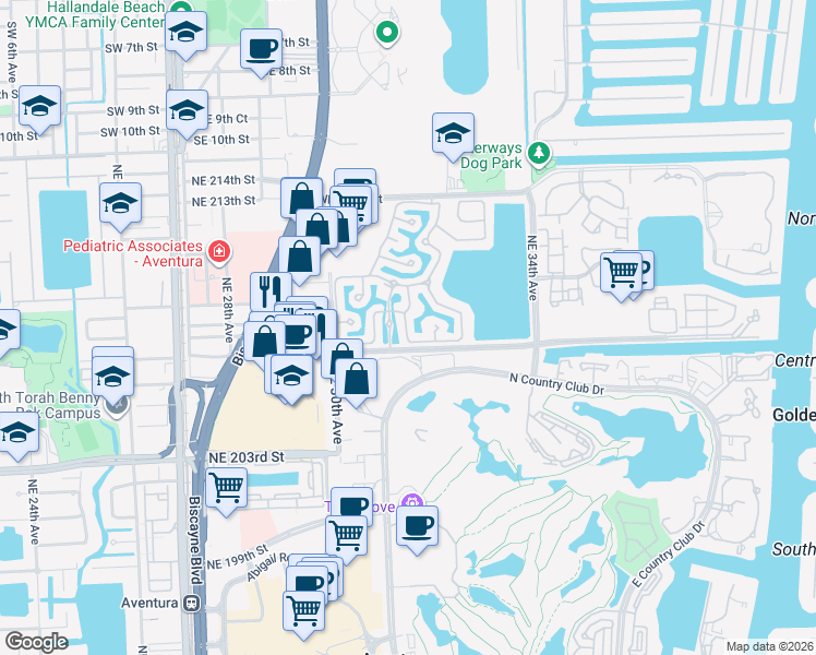 map of restaurants, bars, coffee shops, grocery stores, and more near 20750 Northeast 31st Place in Aventura