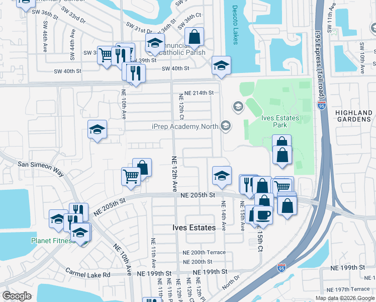 map of restaurants, bars, coffee shops, grocery stores, and more near 1281 Northeast 208th Terrace in Miami