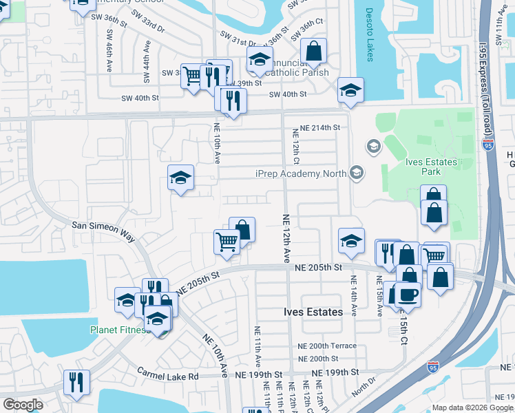map of restaurants, bars, coffee shops, grocery stores, and more near 1164 Northeast 209th Terrace in North Miami Beach