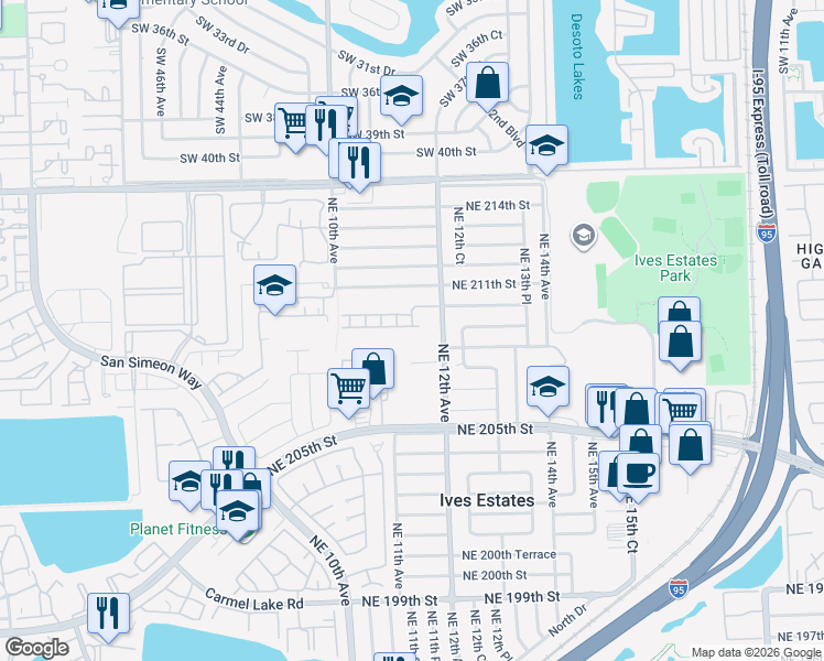 map of restaurants, bars, coffee shops, grocery stores, and more near 1164 Northeast 209th Terrace in North Miami Beach
