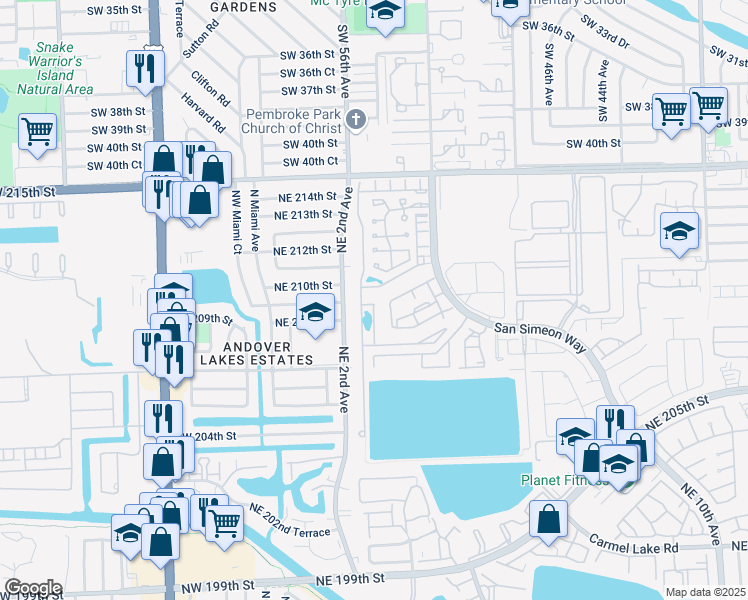 map of restaurants, bars, coffee shops, grocery stores, and more near 221 Northeast 210th Street in North Miami Beach