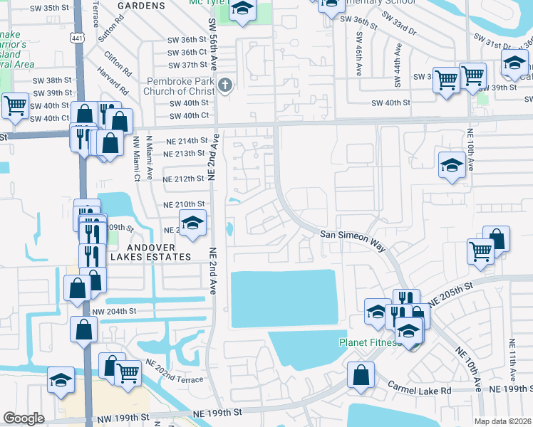 map of restaurants, bars, coffee shops, grocery stores, and more near 16 Northeast 210th Circle Terrace in Miami