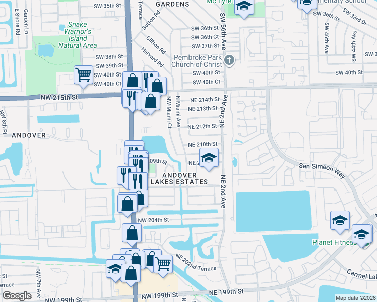 map of restaurants, bars, coffee shops, grocery stores, and more near 30 Northeast 209th Terrace in Miami