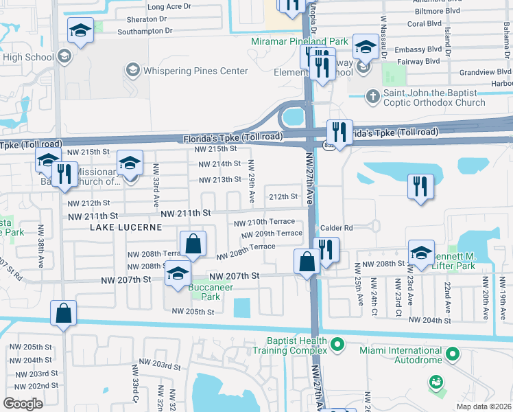 map of restaurants, bars, coffee shops, grocery stores, and more near 2910 Northwest 211th Street in Miami Gardens