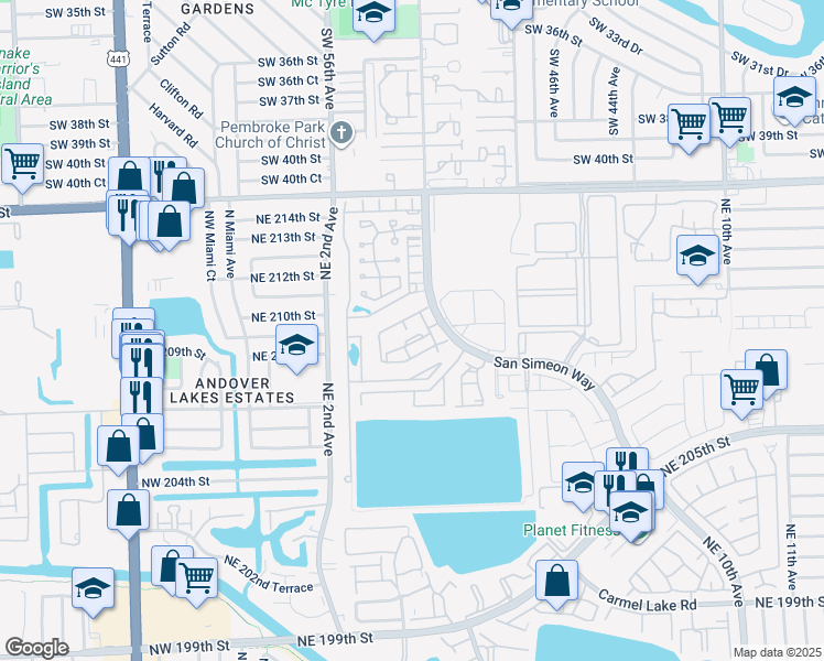 map of restaurants, bars, coffee shops, grocery stores, and more near 16 Northeast 210th Circle Terrace in Miami
