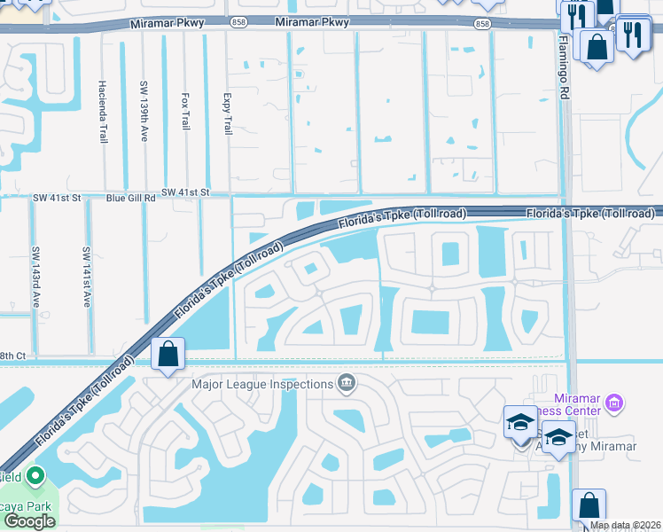 map of restaurants, bars, coffee shops, grocery stores, and more near 13100 Southwest 44th Street in Miramar