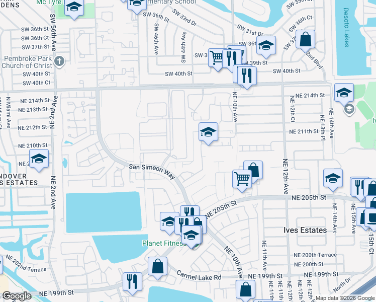 map of restaurants, bars, coffee shops, grocery stores, and more near 20963 San Simeon Way in Miami