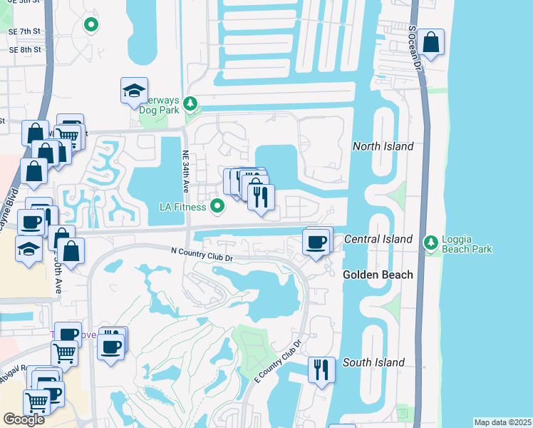 map of restaurants, bars, coffee shops, grocery stores, and more near 3601 Northeast 207th Street in Aventura