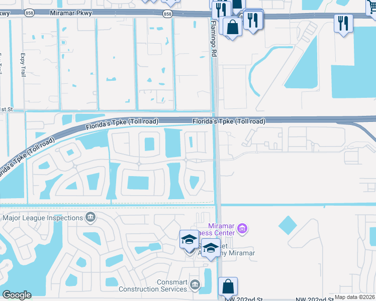 map of restaurants, bars, coffee shops, grocery stores, and more near 12462 Southwest 44th Court in Miramar